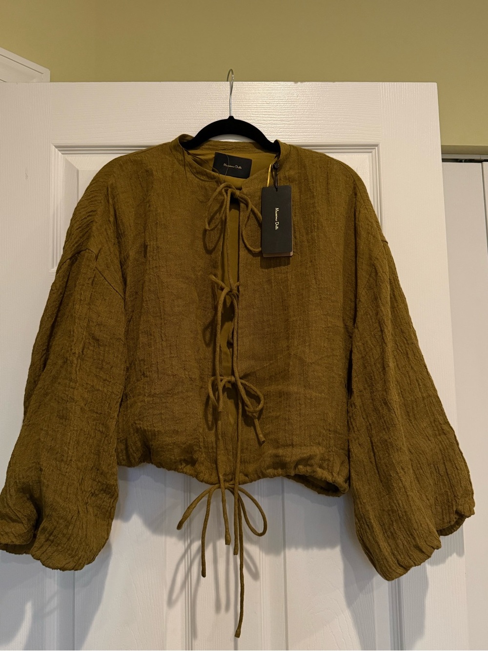 Massimo Dutti Olive Green Tie-Front Linen Blend Blouse NWT